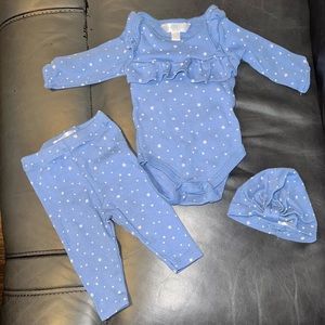 Girls blue star onesie set with hat and pants